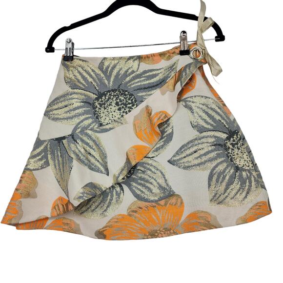 Kaelen Metallic Floral Side Zip Tie Wrap Lined Mini Skirt Size 2 - Picture 1 of 3